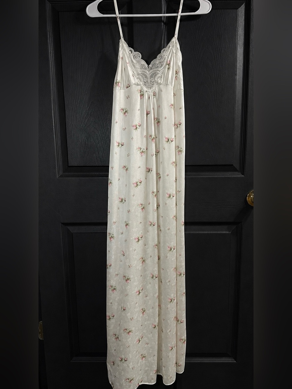 Vintage Sears Perma-Prest Cream Pink Ditsy Floral Lace Maxi Nightgown Slip Small